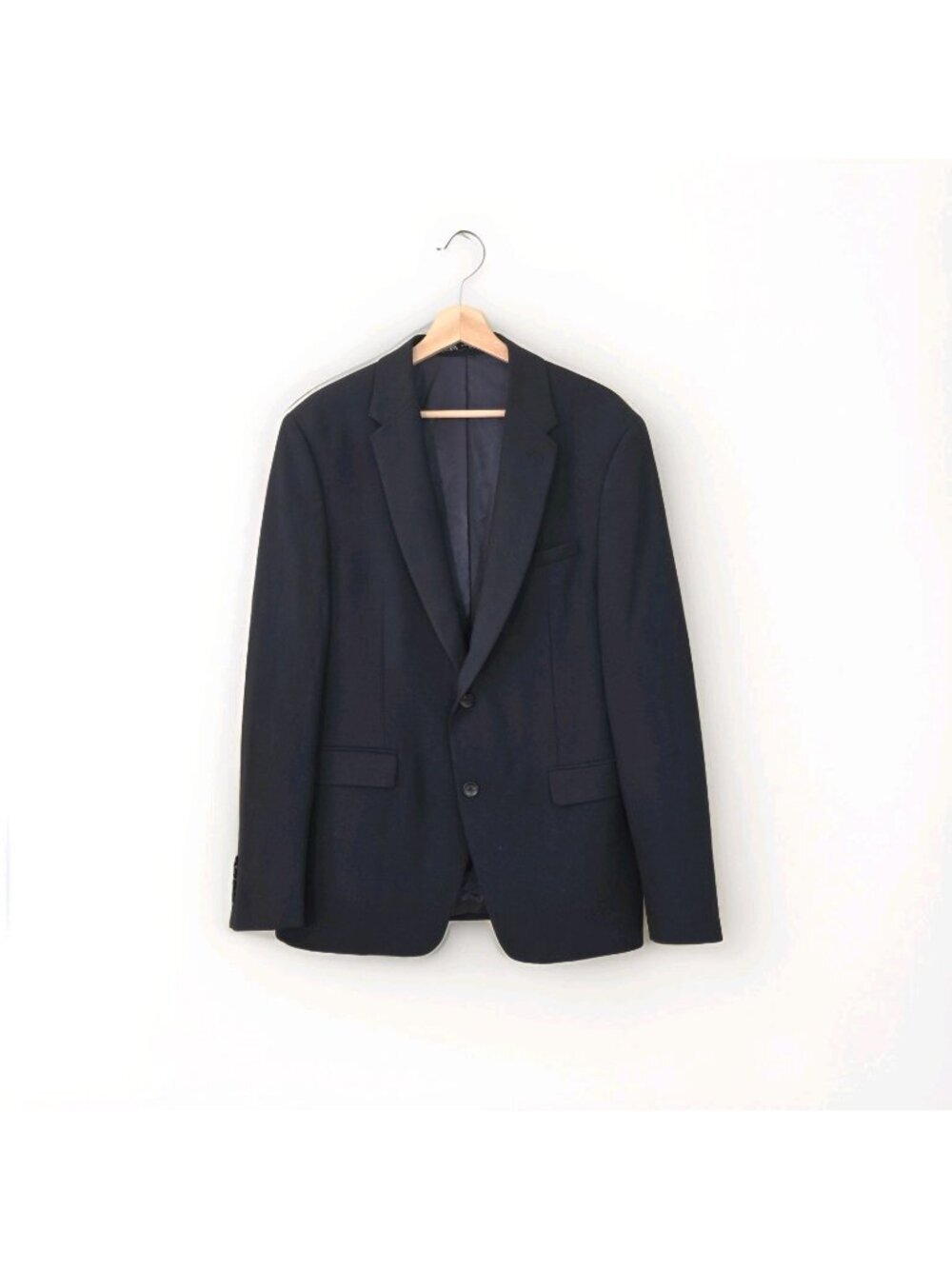Zara Men Slim Fit Stretch Wool Blazer US 44 Navy Blue Tessuti Piemontesi Sleek